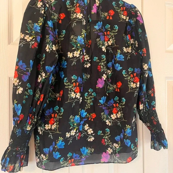 Alice + Olivia Floral Sheer Blouse | Smocked Sleeves | Missing button - Picture 3 of 10